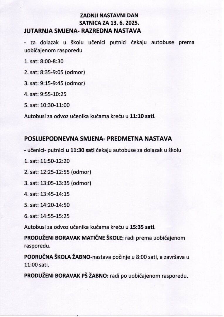 satnica za petak zadnji nastav dan
